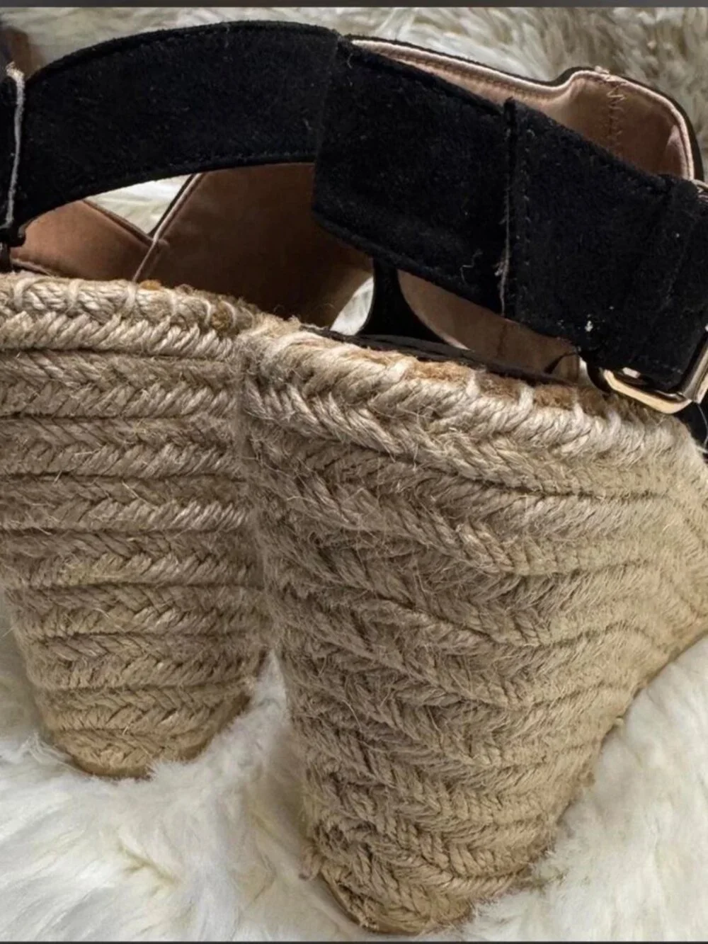 H&M Divided Black Faux Suede Wedge Sandals Gold Buckle Strappy